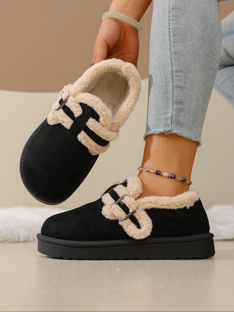 Women'S Winter New Fleece Lined Thick Mules Shoes, Flat round Toe Warm Indoor Outdoor Use, Textile Material, Rubber Sole
