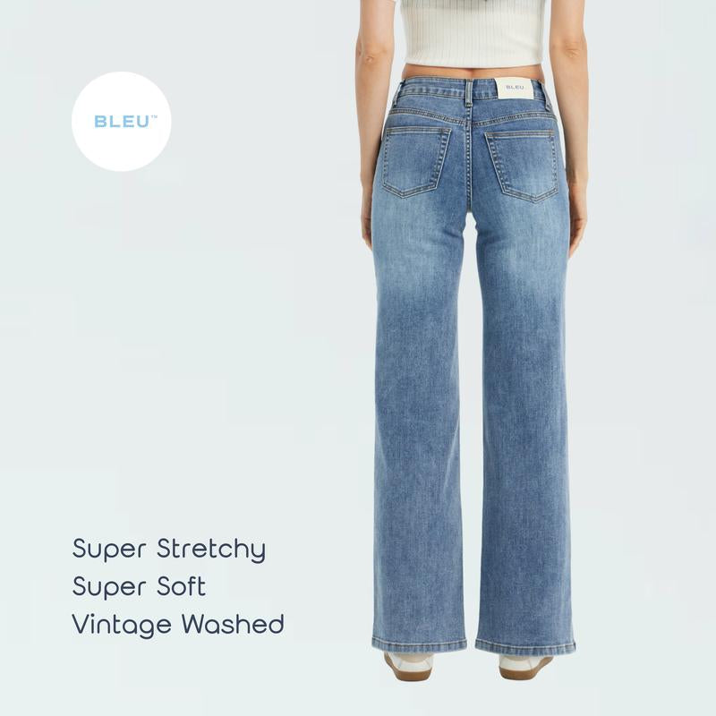 BLEU Women'S Super Stretch Baggy Jeans - High Waist, Wide Leg, Minimalist Comfortable Fit, 5 Pocket Denim, Vintage Washed, Perfect for Casual Wear, Machine Washable