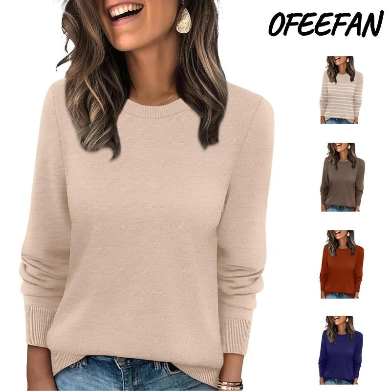 OFEEFAN Women'S Lightweight Pullover Sweater Long Sleeve Crew Neck Casual Fall Outfits 2025 Fitted Medium Length Graphic Striped