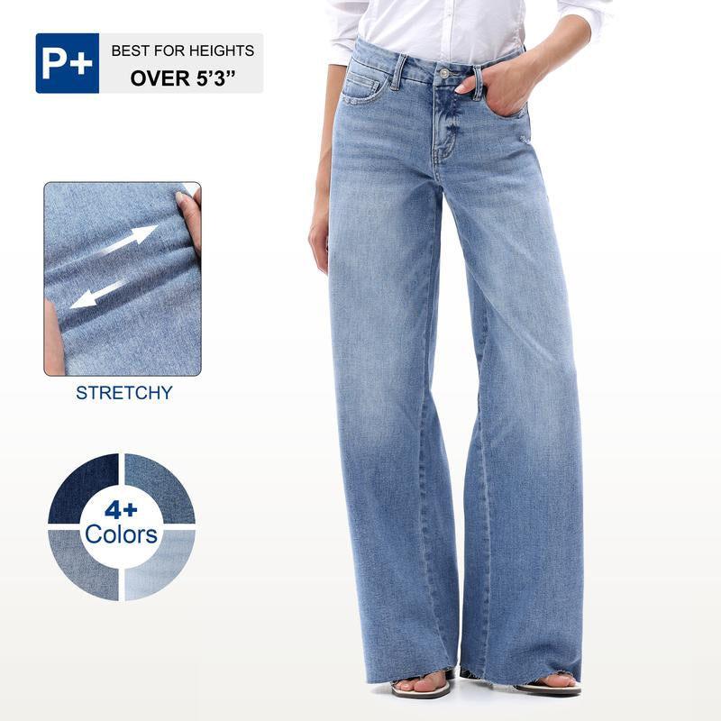 ONESO Mid-Rise High Stretchy Loose Baggy Wide Leg Jeans Tummy Control BBL Raw Hem Denim Pants Womenswear Bottom Comfortable Denim
