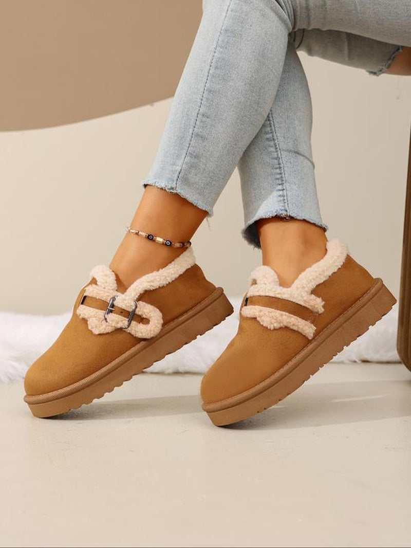 Women'S Winter New Fleece Lined Thick Mules Shoes, Flat round Toe Warm Indoor Outdoor Use, Textile Material, Rubber Sole