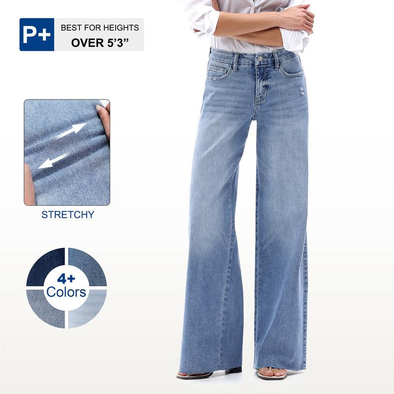 ONESO Mid-Rise High Stretchy Loose Baggy Wide Leg Jeans Tummy Control BBL Raw Hem Denim Pants Womenswear Bottom Comfortable Denim