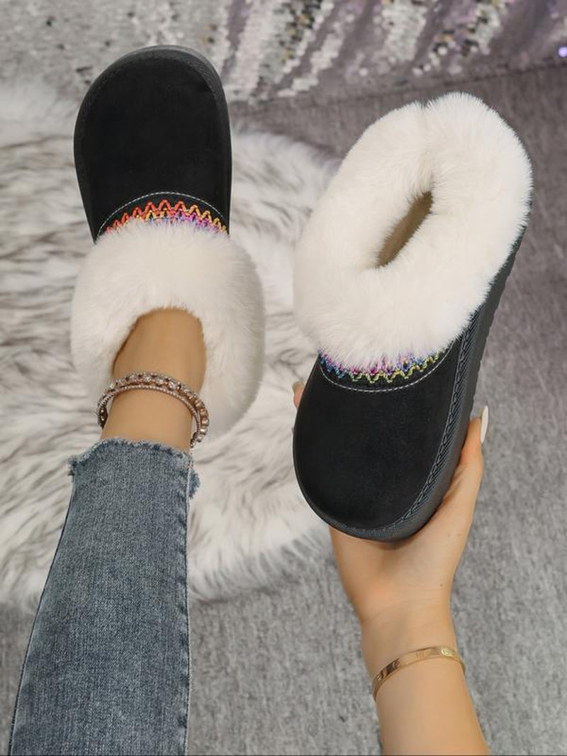 Women'S Winter New Fleece Lined Thick Mules Shoes, Flat round Toe Warm Indoor Outdoor Use, Textile Material, Rubber Sole