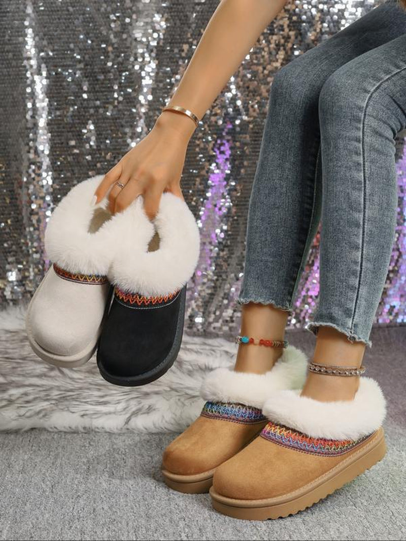 Women'S Winter New Fleece Lined Thick Mules Shoes, Flat round Toe Warm Indoor Outdoor Use, Textile Material, Rubber Sole