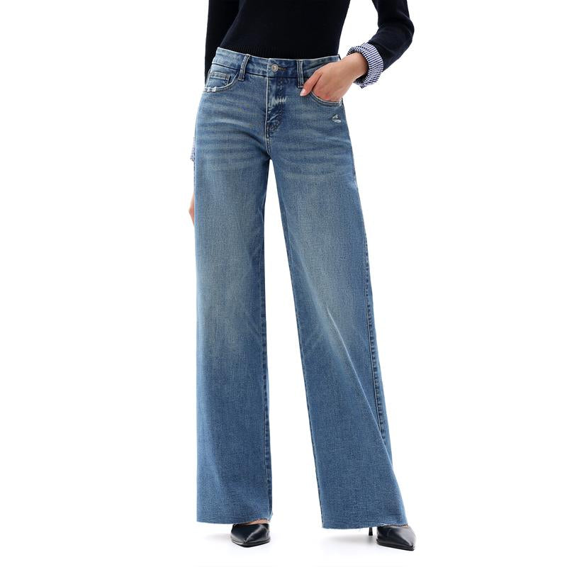 ONESO Mid-Rise High Stretchy Loose Baggy Wide Leg Jeans Tummy Control BBL Raw Hem Denim Pants Womenswear Bottom Comfortable Denim