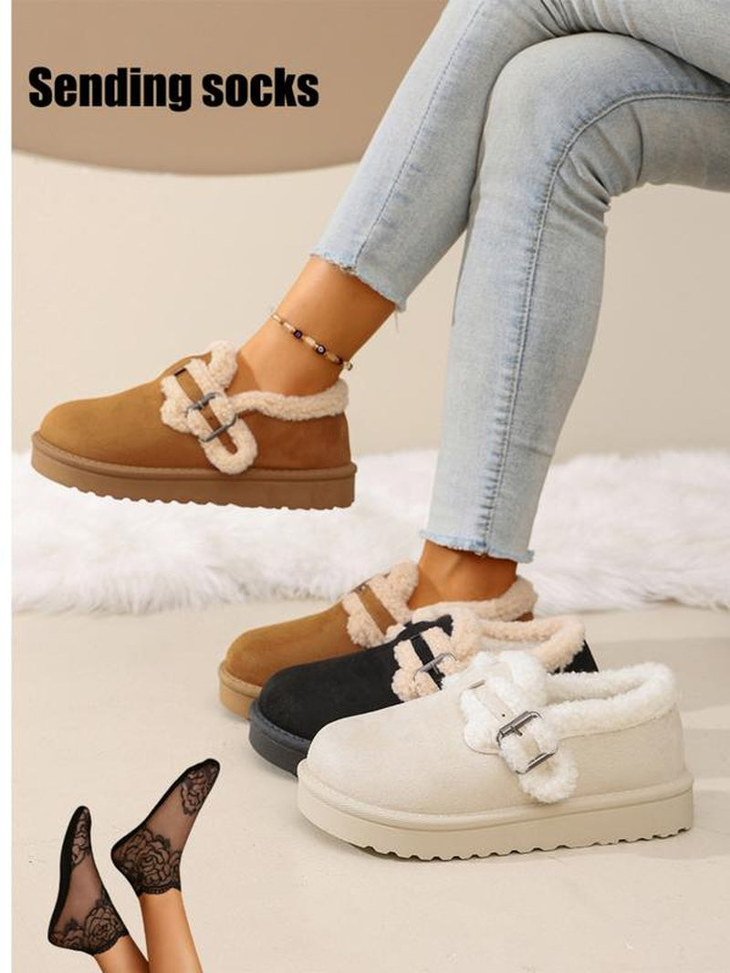 Women'S Winter New Fleece Lined Thick Mules Shoes, Flat round Toe Warm Indoor Outdoor Use, Textile Material, Rubber Sole