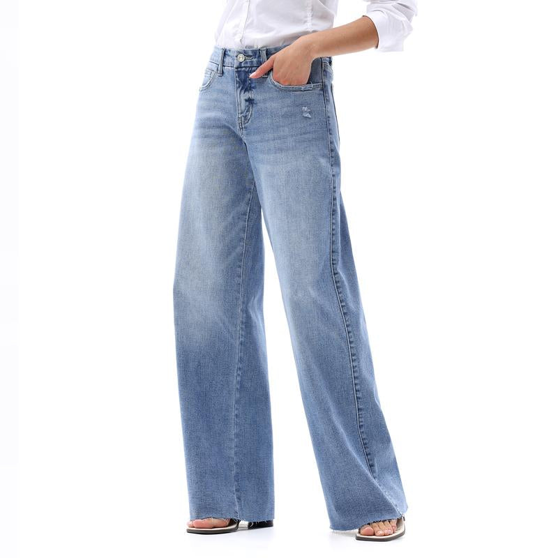 ONESO Mid-Rise High Stretchy Loose Baggy Wide Leg Jeans Tummy Control BBL Raw Hem Denim Pants Womenswear Bottom Comfortable Denim