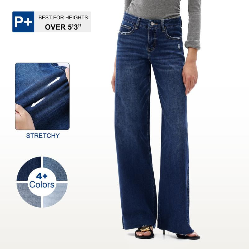 ONESO Mid-Rise High Stretchy Loose Baggy Wide Leg Jeans Tummy Control BBL Raw Hem Denim Pants Womenswear Bottom Comfortable Denim