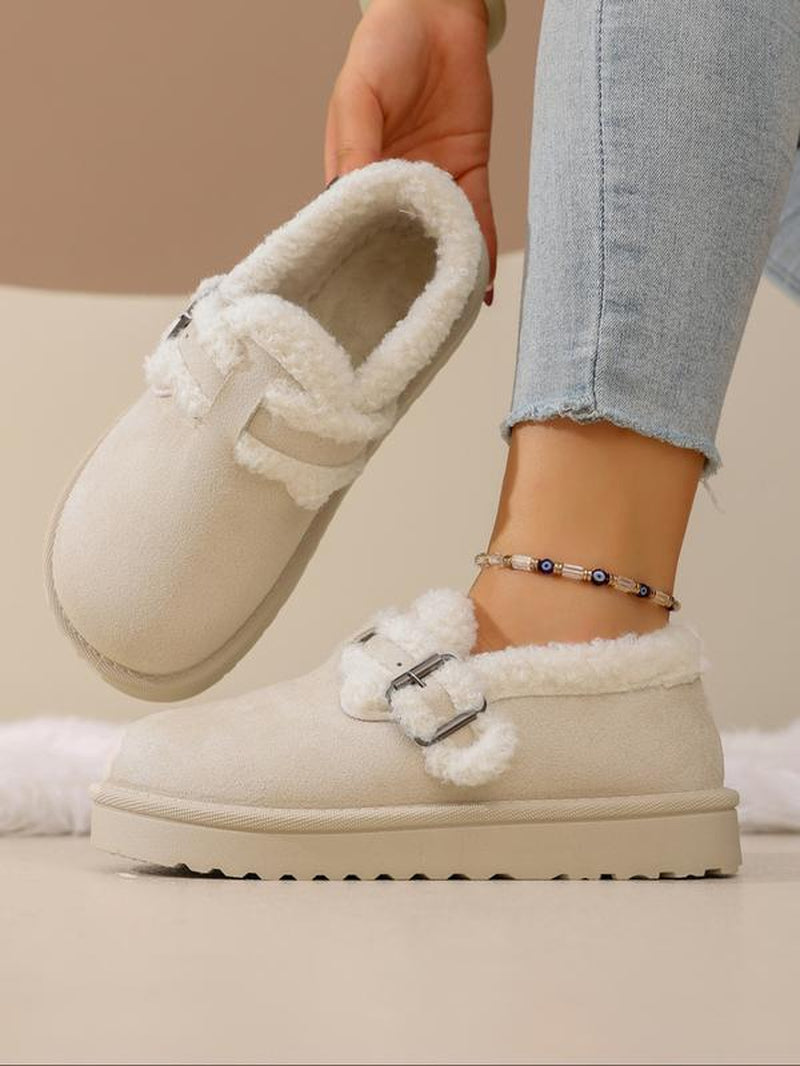 Women'S Winter New Fleece Lined Thick Mules Shoes, Flat round Toe Warm Indoor Outdoor Use, Textile Material, Rubber Sole