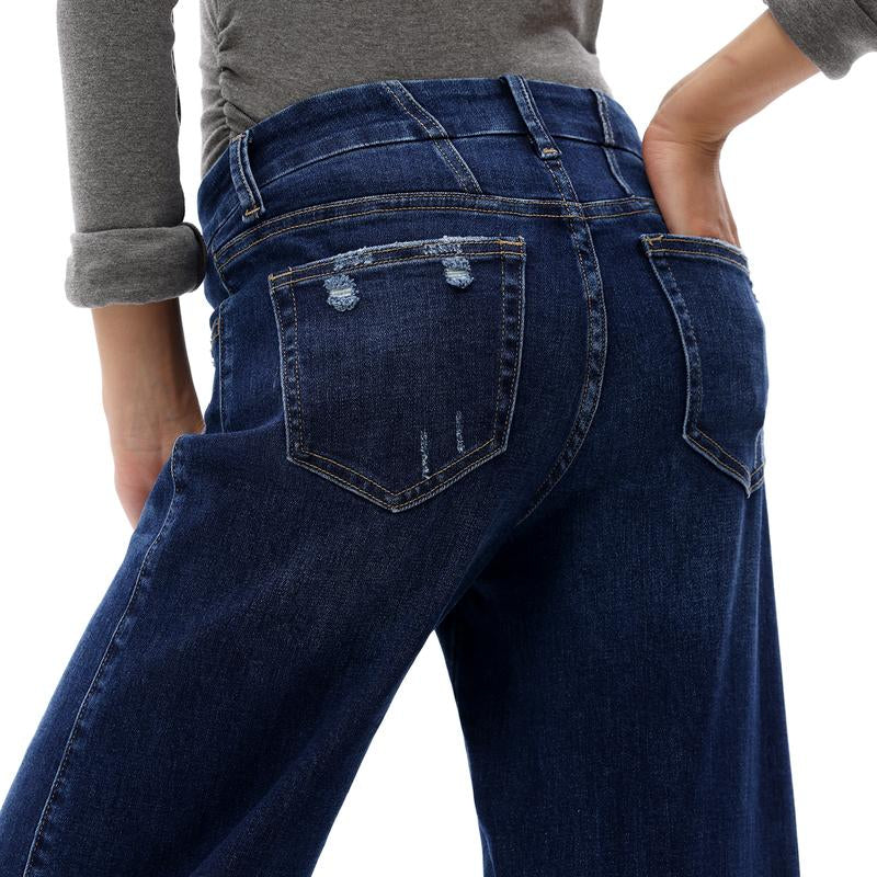 ONESO Mid-Rise High Stretchy Loose Baggy Wide Leg Jeans Tummy Control BBL Raw Hem Denim Pants Womenswear Bottom Comfortable Denim