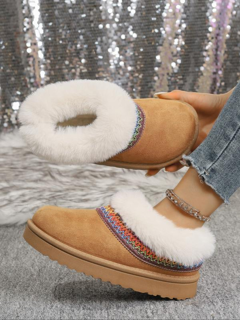 Women'S Winter New Fleece Lined Thick Mules Shoes, Flat round Toe Warm Indoor Outdoor Use, Textile Material, Rubber Sole