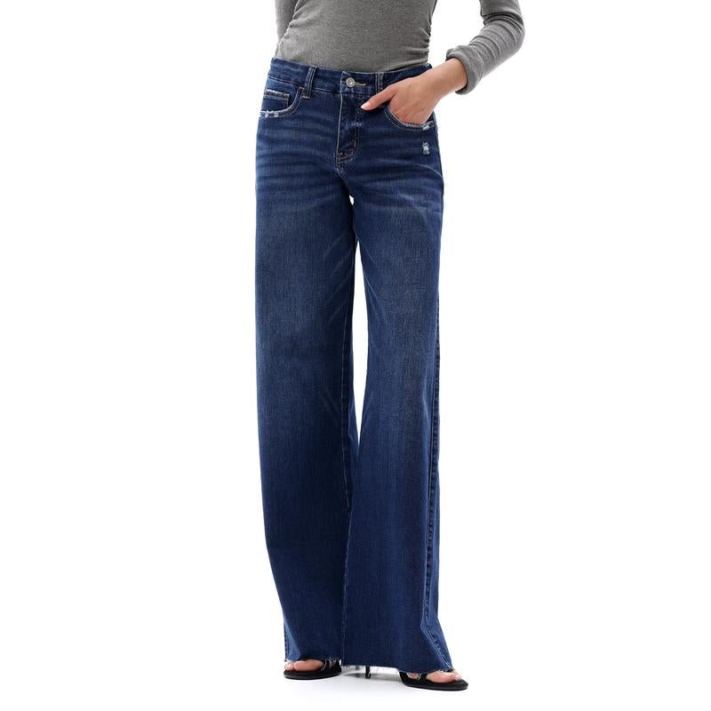 ONESO Mid-Rise High Stretchy Loose Baggy Wide Leg Jeans Tummy Control BBL Raw Hem Denim Pants Womenswear Bottom Comfortable Denim