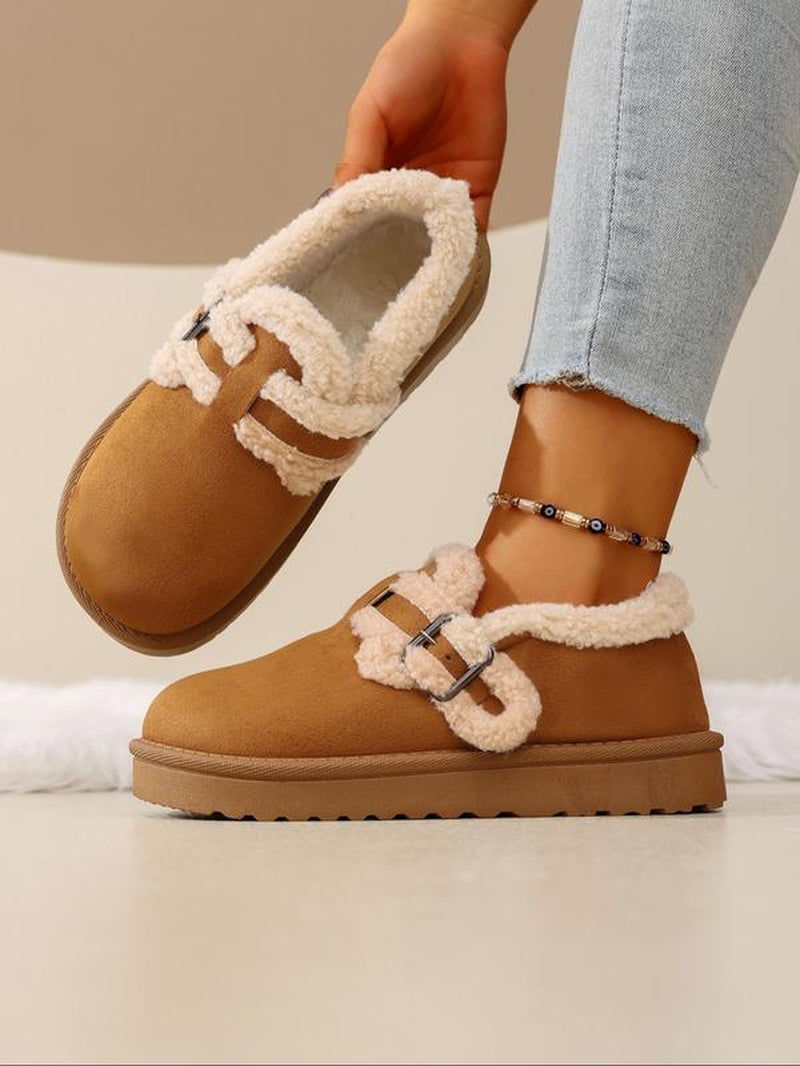 Women'S Winter New Fleece Lined Thick Mules Shoes, Flat round Toe Warm Indoor Outdoor Use, Textile Material, Rubber Sole