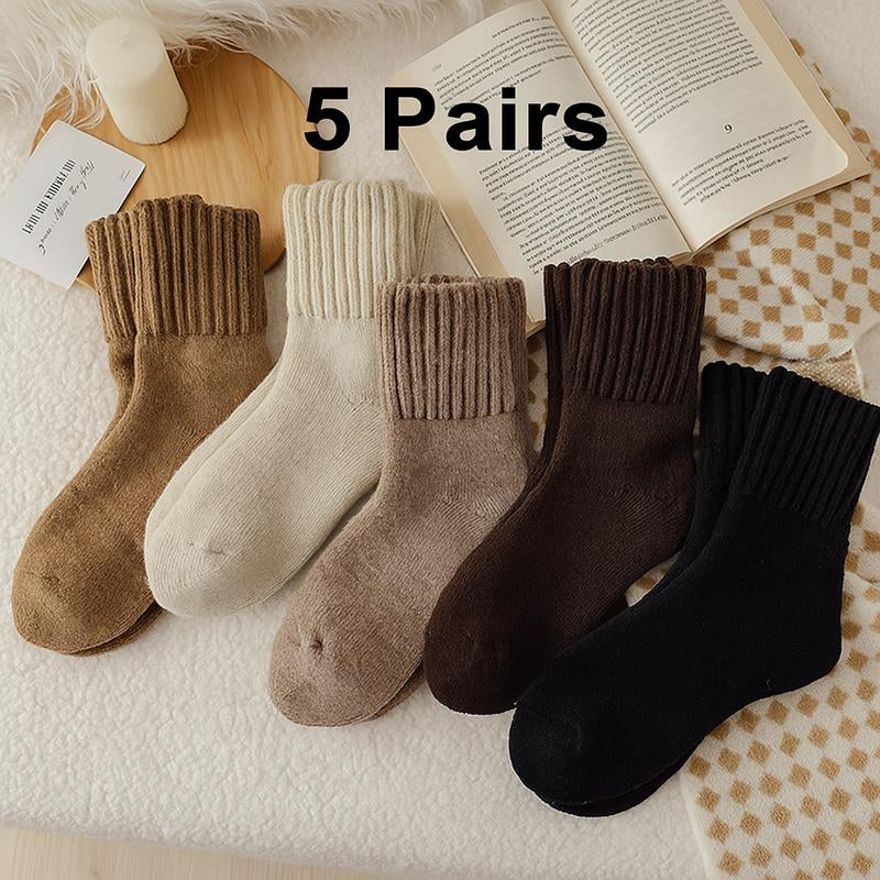 Women'S Casual Soft Comfy Warm Socks for Fall & Winter Solid Mid-Calf Socks for Daily Wear 5 Pairs Pack Machine Washable Polyester Knitting Basic Minimalist Outfit